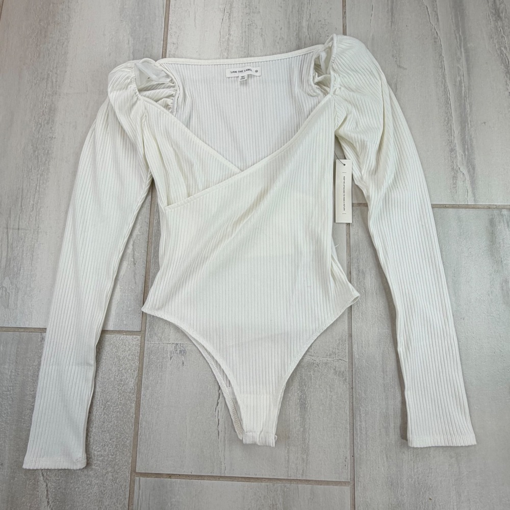 Lani The Label White Ribbed Wrap Bodysuit Puff Sleeve XS NWT